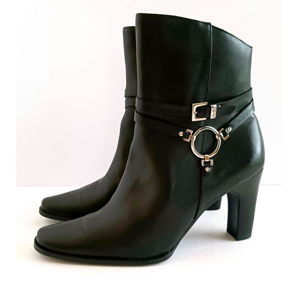 Harley Davidson Blk Genuine Leather Heeled Ankle Boot Silver Harness Strap Sz 8
